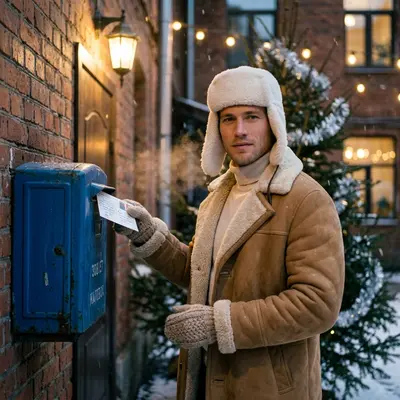 Winter evening portrait: a man posts a holiday card into a blue street mailbox